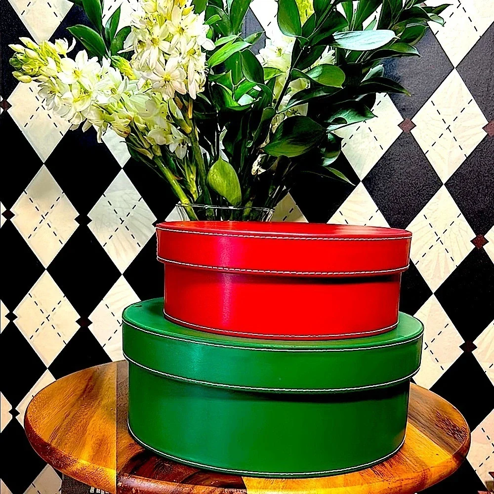 Nesting Leather Boxes Set of 2 – Red & Green – Cylindrical Storage -‎ Large